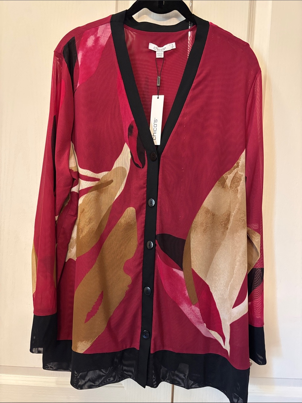 Chico's Berry and Neutral Lined Mesh Abstract-Print Button Front Cardigan